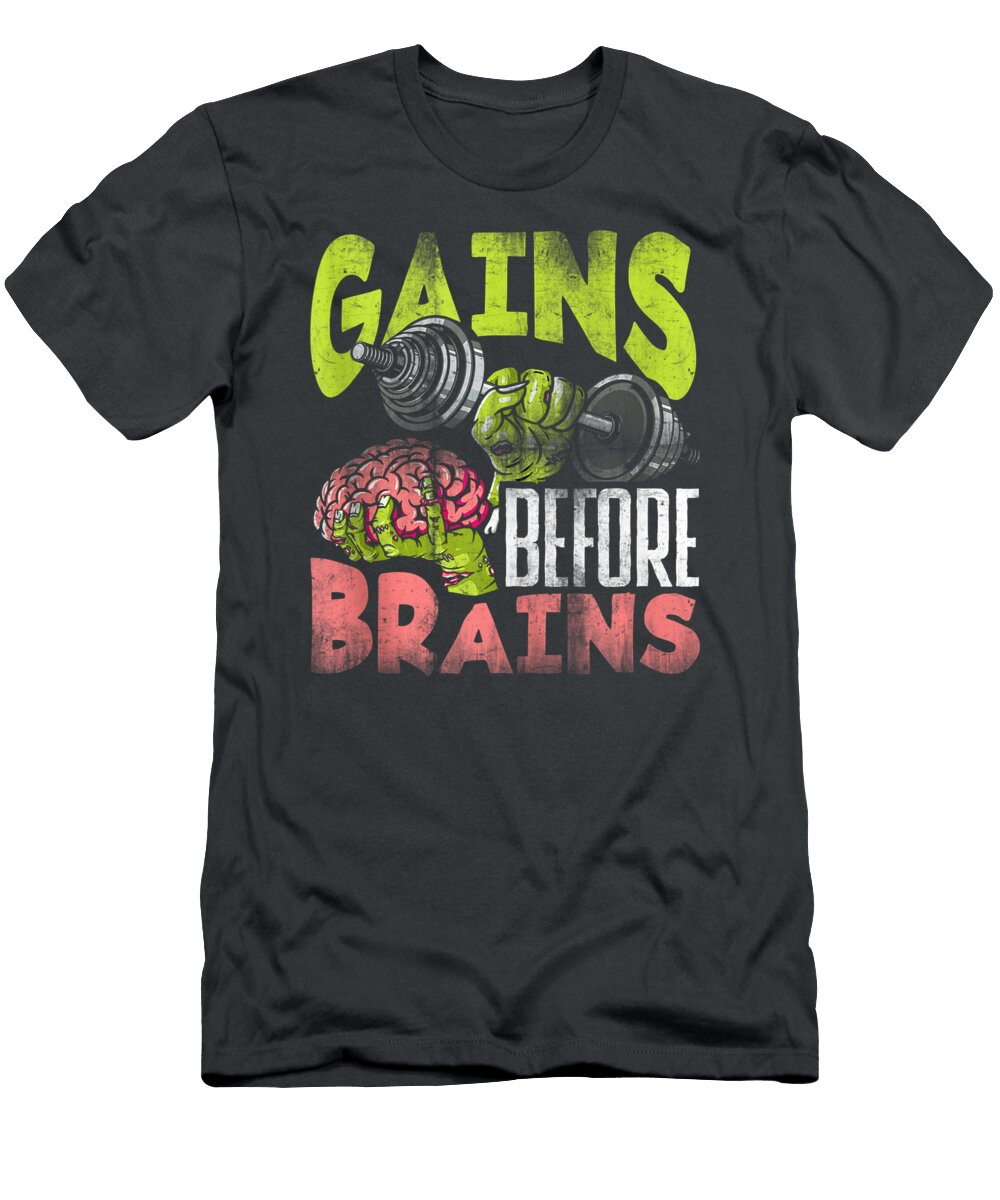 Halloween Workout Zombie Weightlifting Gains Before Brains Mivaam Muna T-Shirt