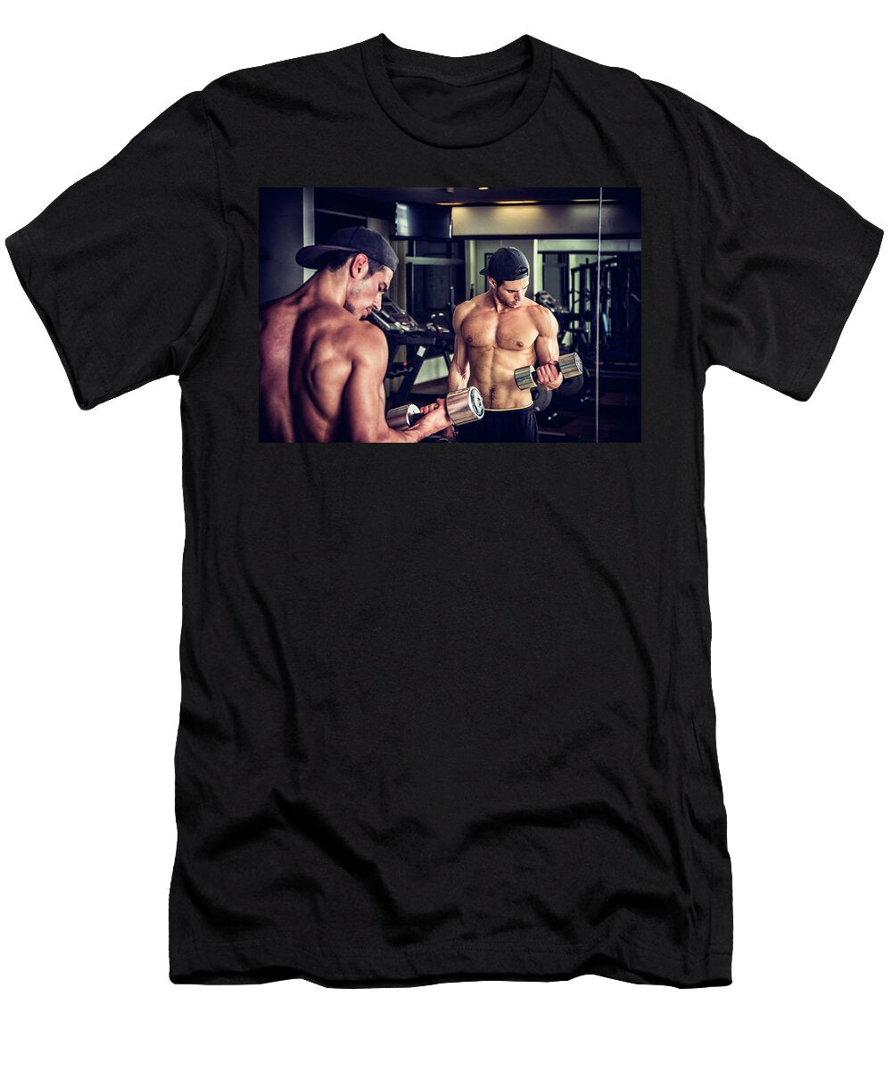Handsome Young Man Exercising Biceps in Gym Stefano Cavoretto T-Shirt