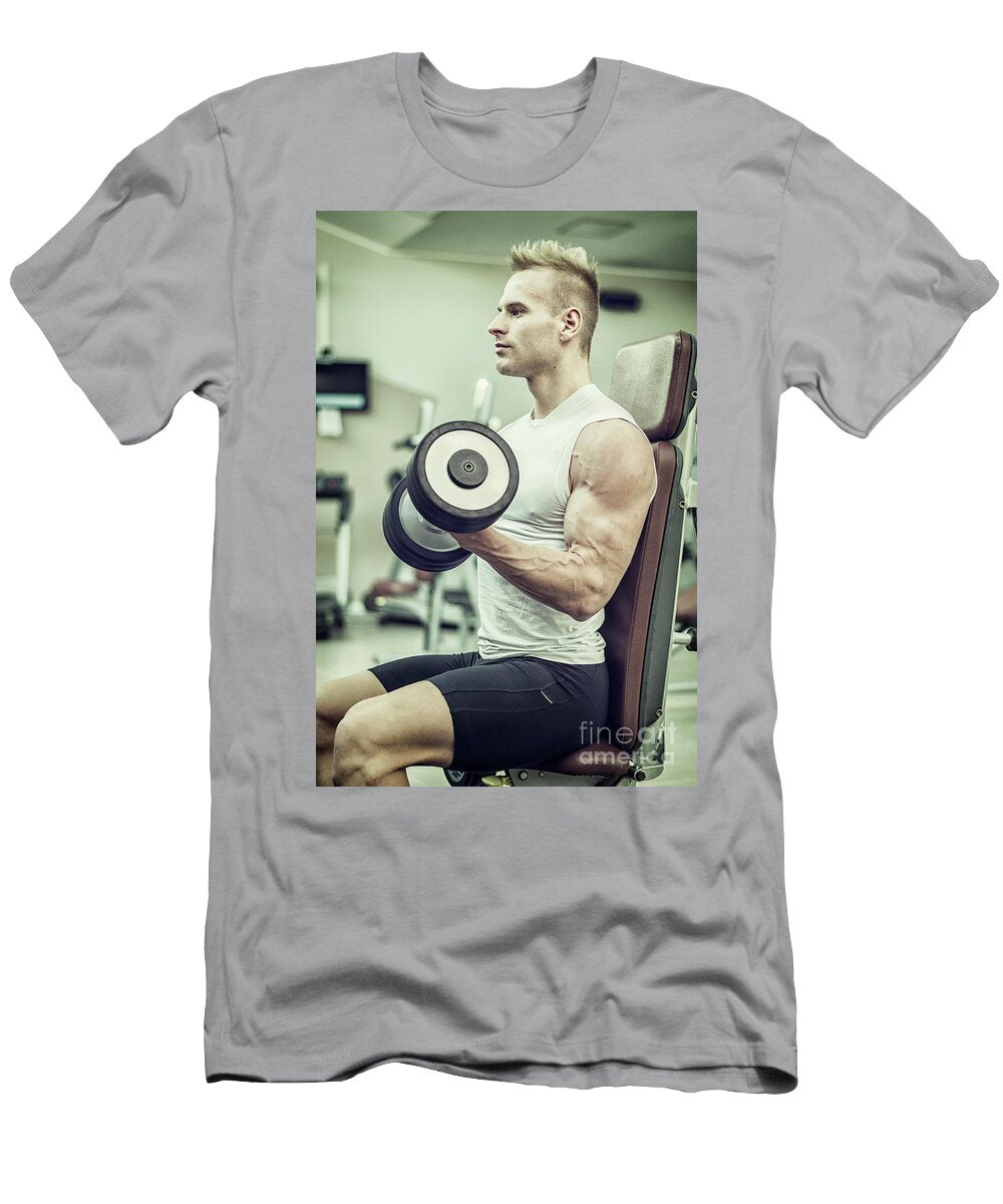 Handsome Young Man Training Biceps in Gym Stefano Cavoretto T-Shirt