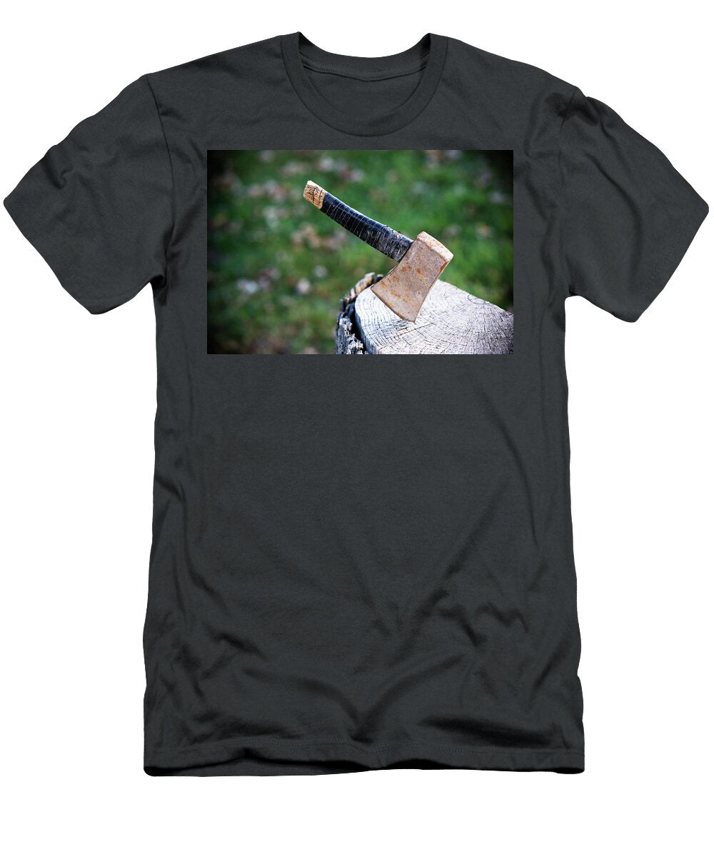 Hatchet in a Tree Stump Ron Koeberer T-Shirt