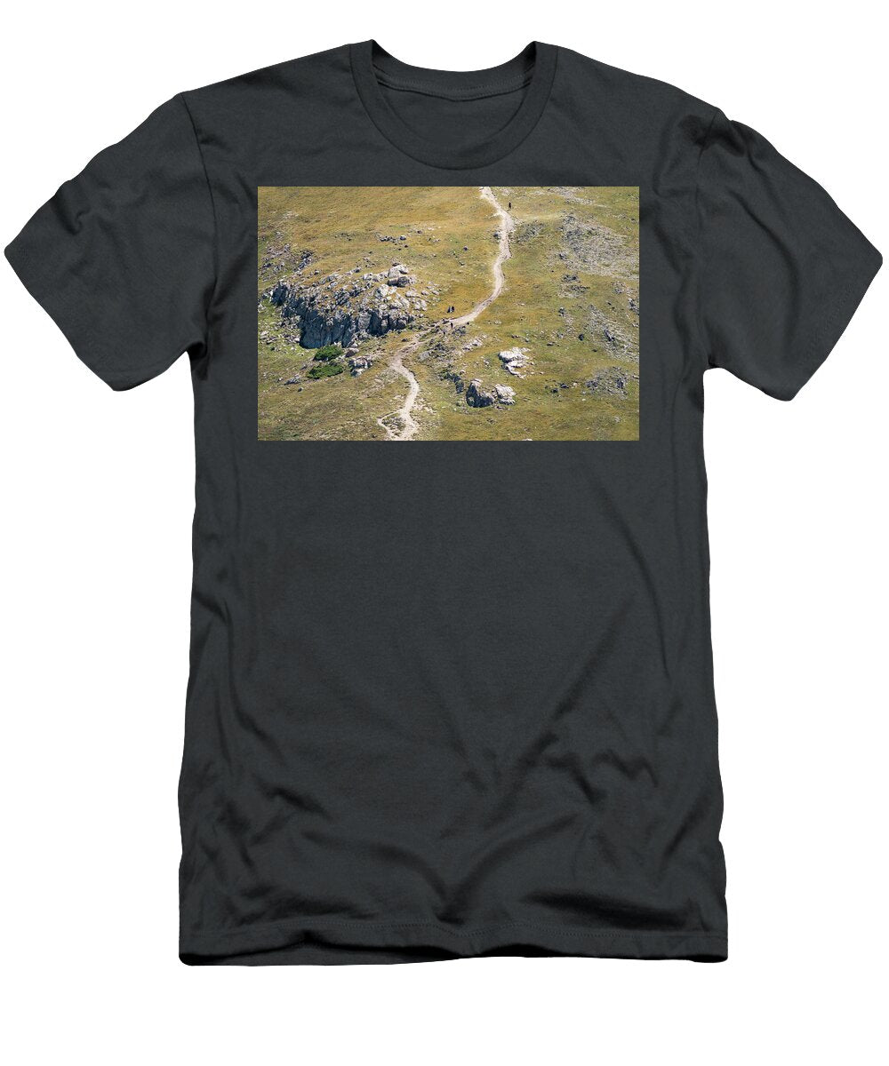 Hikers Trekking Along a Winding Mountain Path Through Lush Green Eugene Papkov T-Shirt