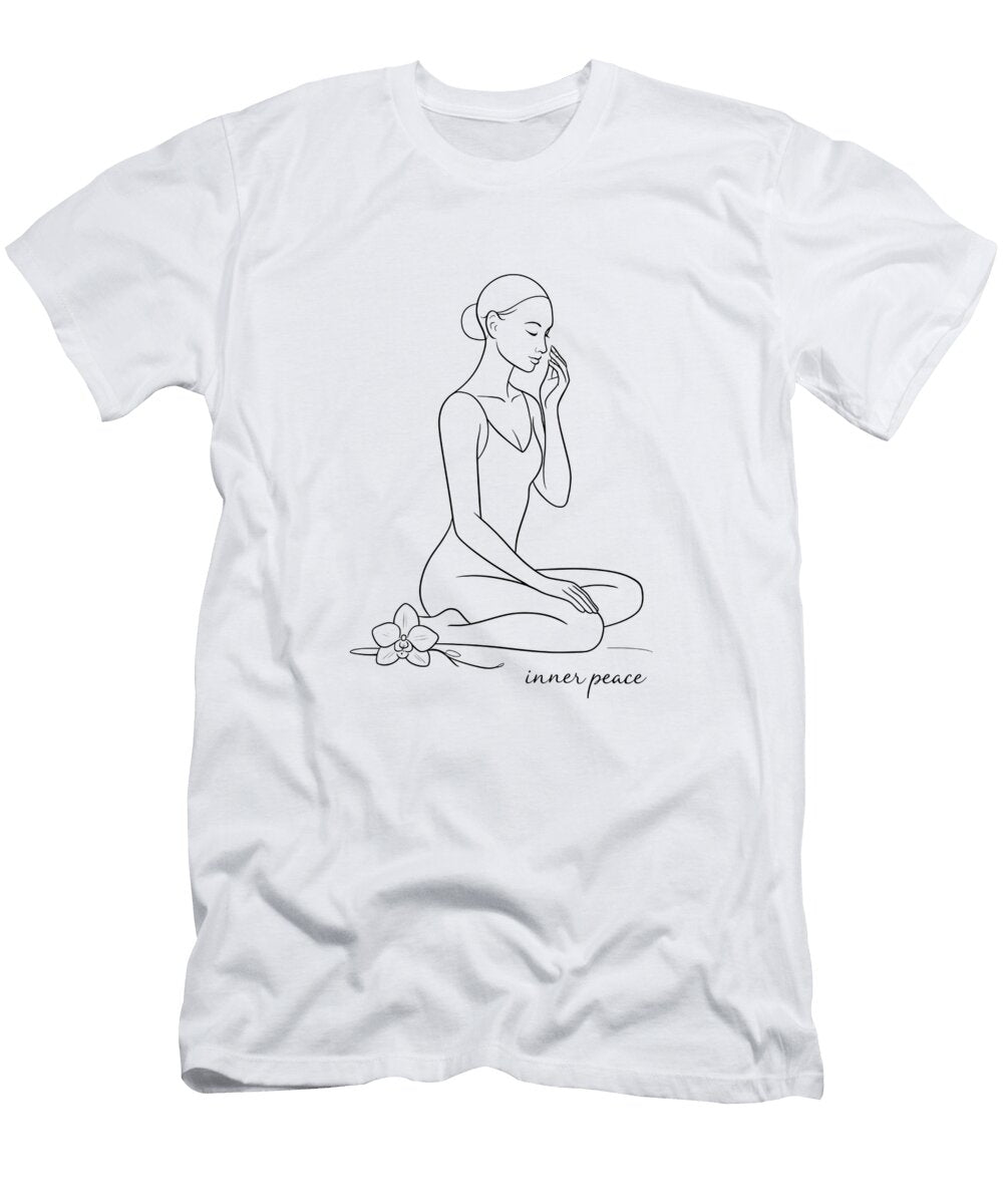 Inner Peace Line Art Meditating Woman Minimalist Print Yoga and Mindfulness Art Spiritual Quote Mounir Khalfouf T-Shirt