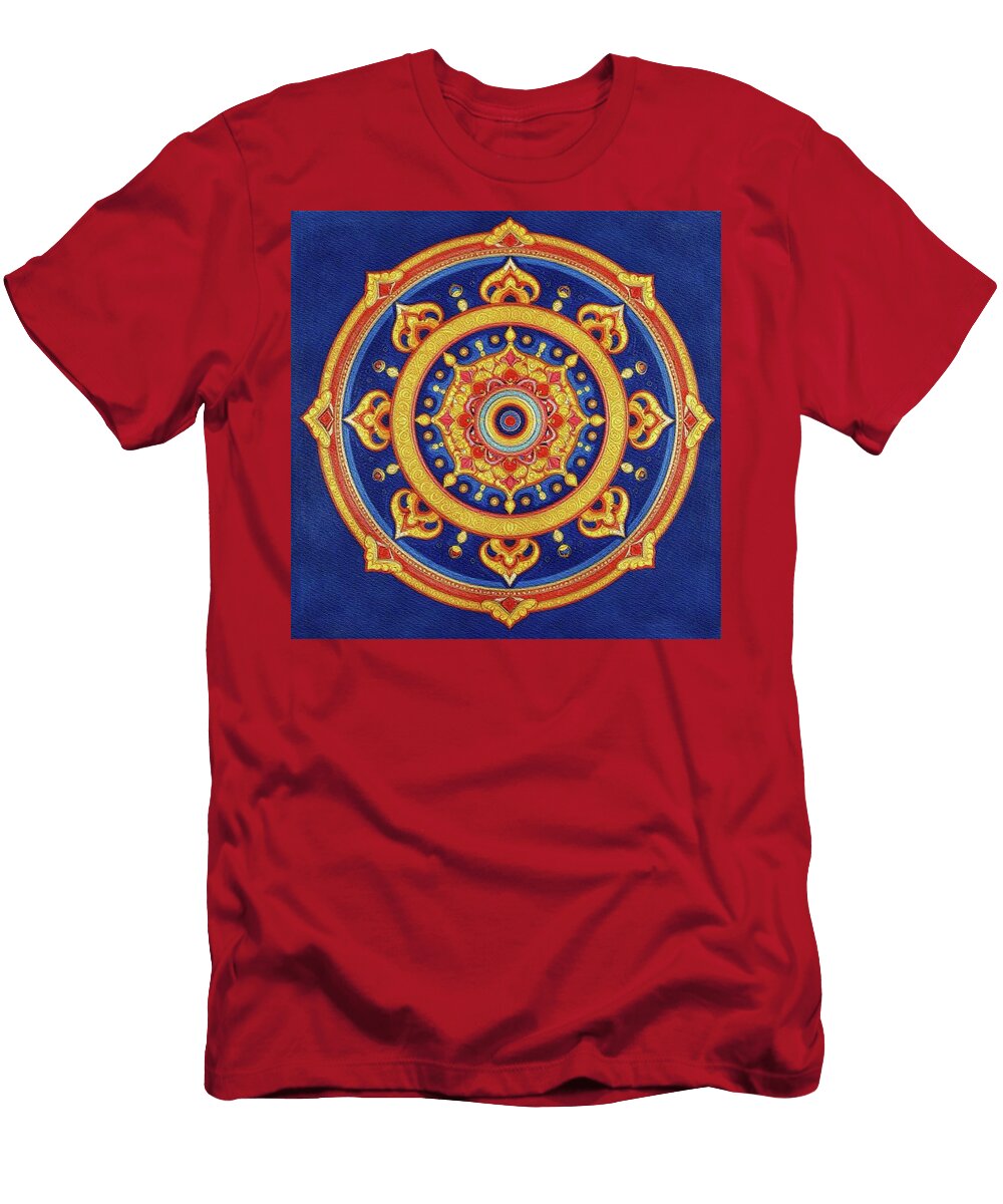 Intricate Mandala Design on Blue Background Pierre Blanchard T-Shirt