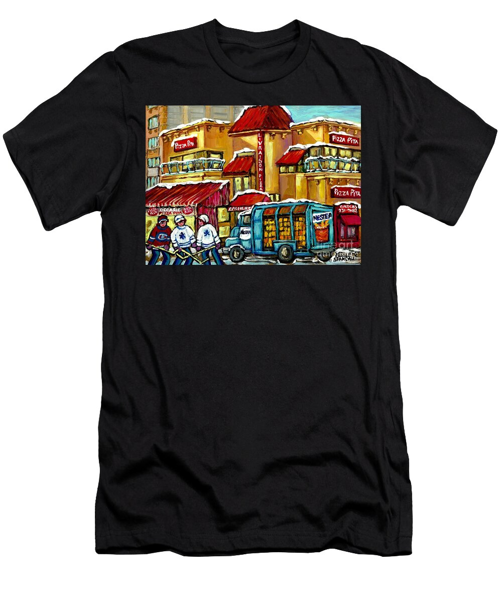 Jewish Montreal Restaurant Hockey Art Winter Scene Pizza Pita Kosher Decarie Diner Canadian Painting Carole Spandau T-Shirt