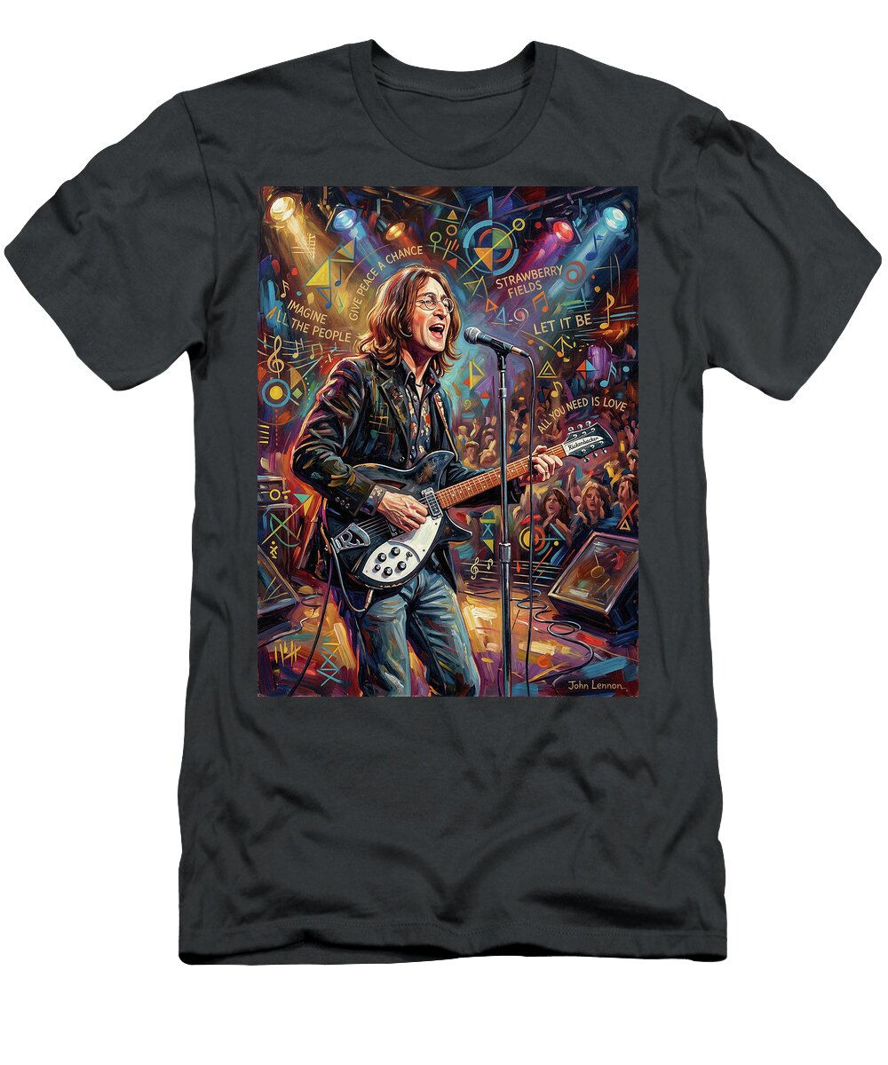 John Lennon Performing Live Guitar Legend in Concert Abstract Paint Wall Art Sampadart Gallery T-Shirt