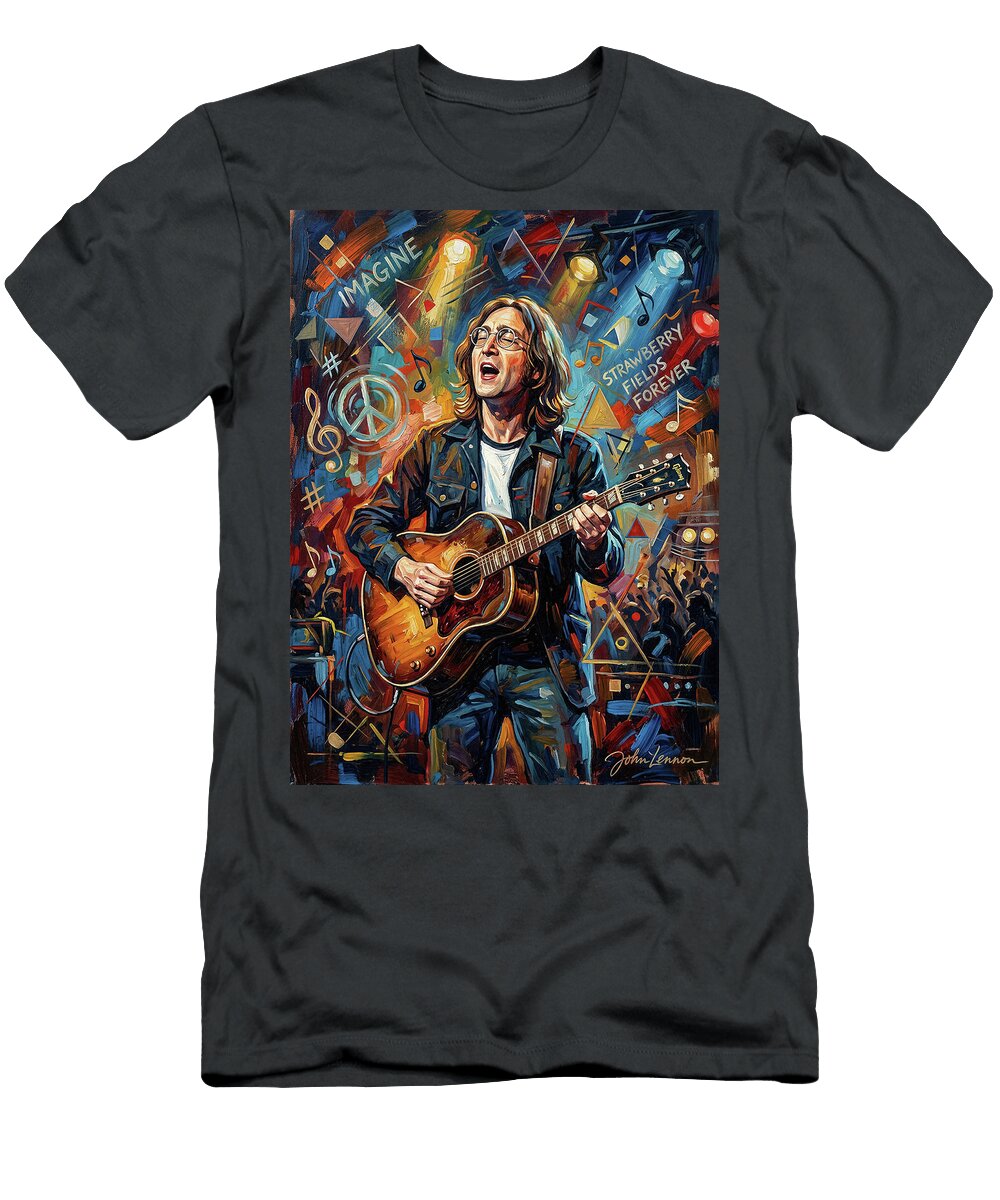 John Lennon Playing Guitar Guitar Legend in Concert Abstract Paint Wall Art Sampadart Gallery T-Shirt