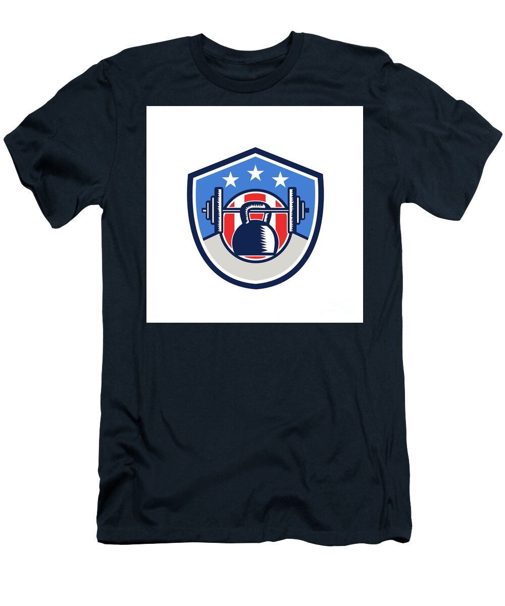 Kettlebell Hanging Barbell USA Flag Crest Retro Aloysius Patrimonio T-Shirt