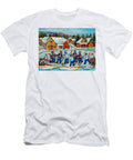 Kids Playing Hockey on Frozen Pond Cozy Country Village Scene Canadian Landscape Painting C Spandau Carole Spandau T-Shirt