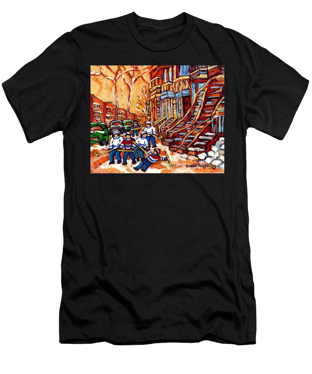 Kids Street Hockey Art Montreal Winter Scenes Colorful Winding Staircases C Spandau Canadian Artist Carole Spandau T-Shirt