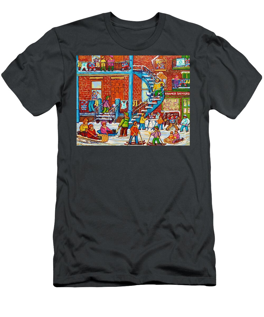 Kids Winter Playground Kramers Grocer Street Scene Toboggan Skiiers Hockey Art Canadian Paintings Carole Spandau T-Shirt