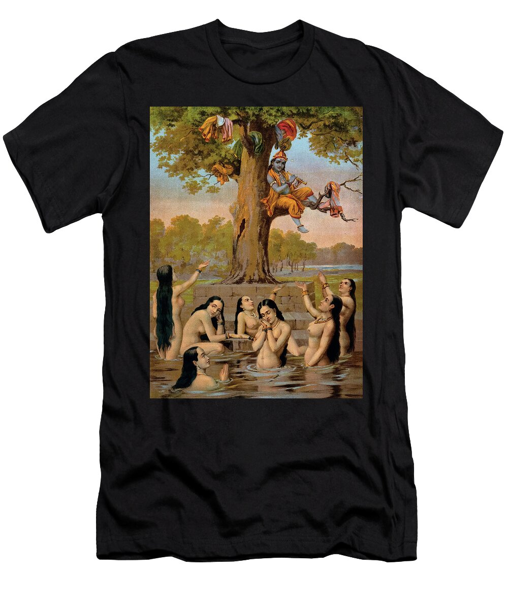 Krishna Sitting in a Tree with All the Gopis Clothes While They Naked in the Water Ravi Varma T-Shirt