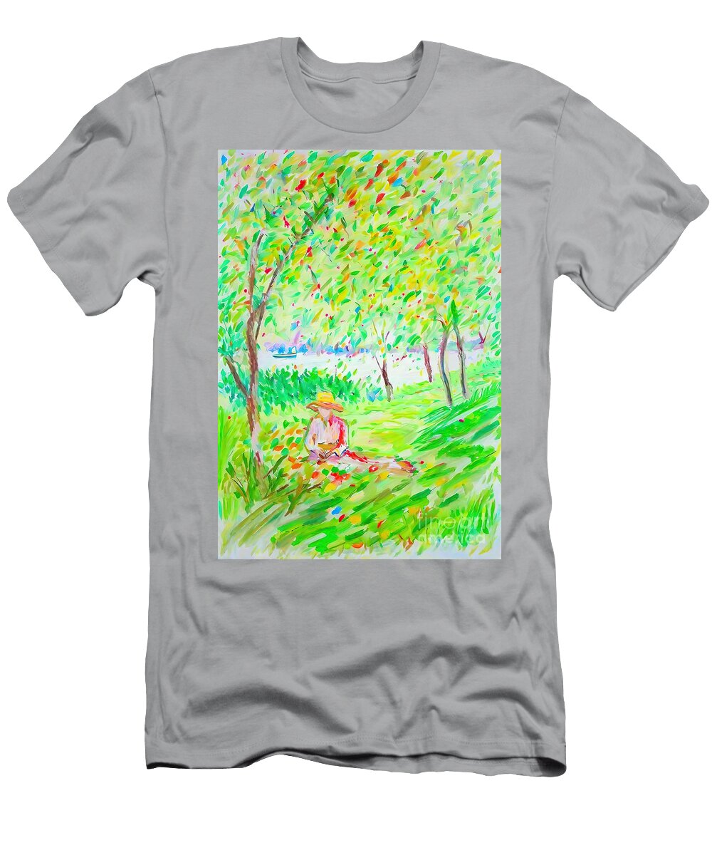 Lecture Au Jardin Painting Reading River Book Trees Garden Background Beautiful Beauty Blossom Celebrate Celebration Colorful Countryside Dance Dress Female Fertility Field Floral Flower Wreath Folk N Akkash T-Shirt