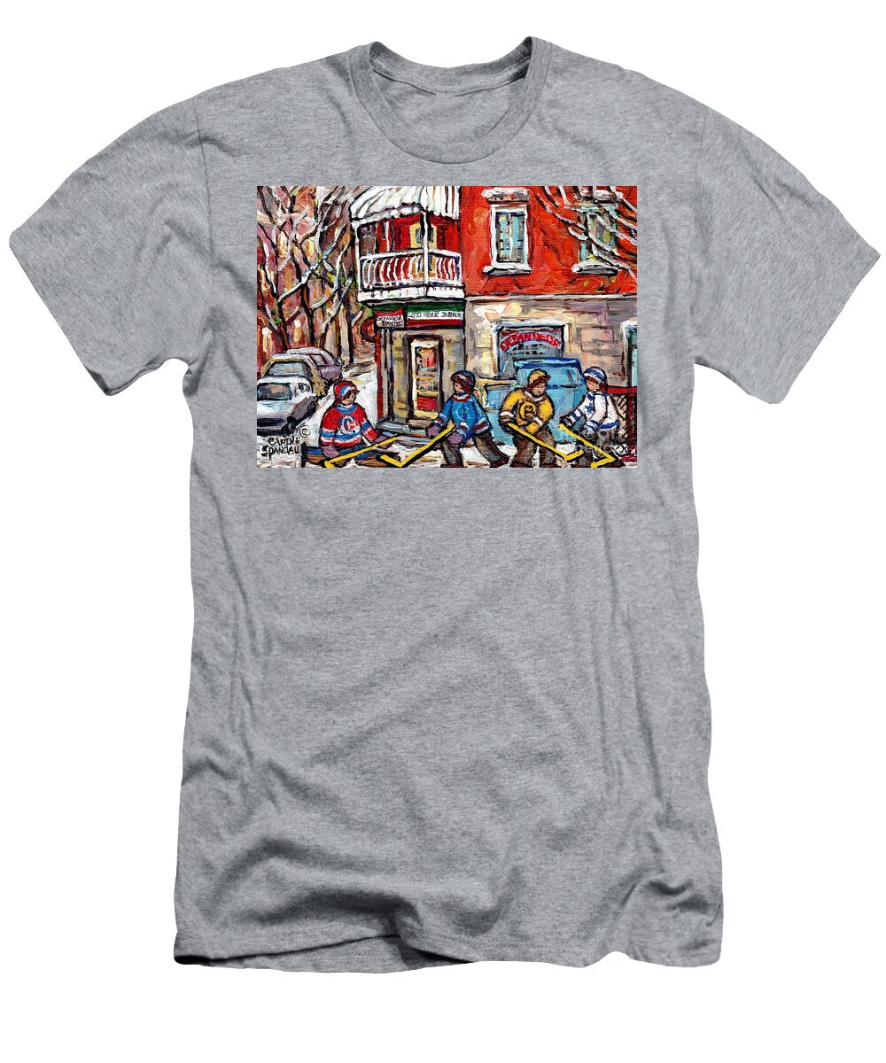 Little Italy Montreal Winterscene Painting for Sale Snowy Hockey Scene Depanneur Dante C Spandau Art Carole Spandau T-Shirt