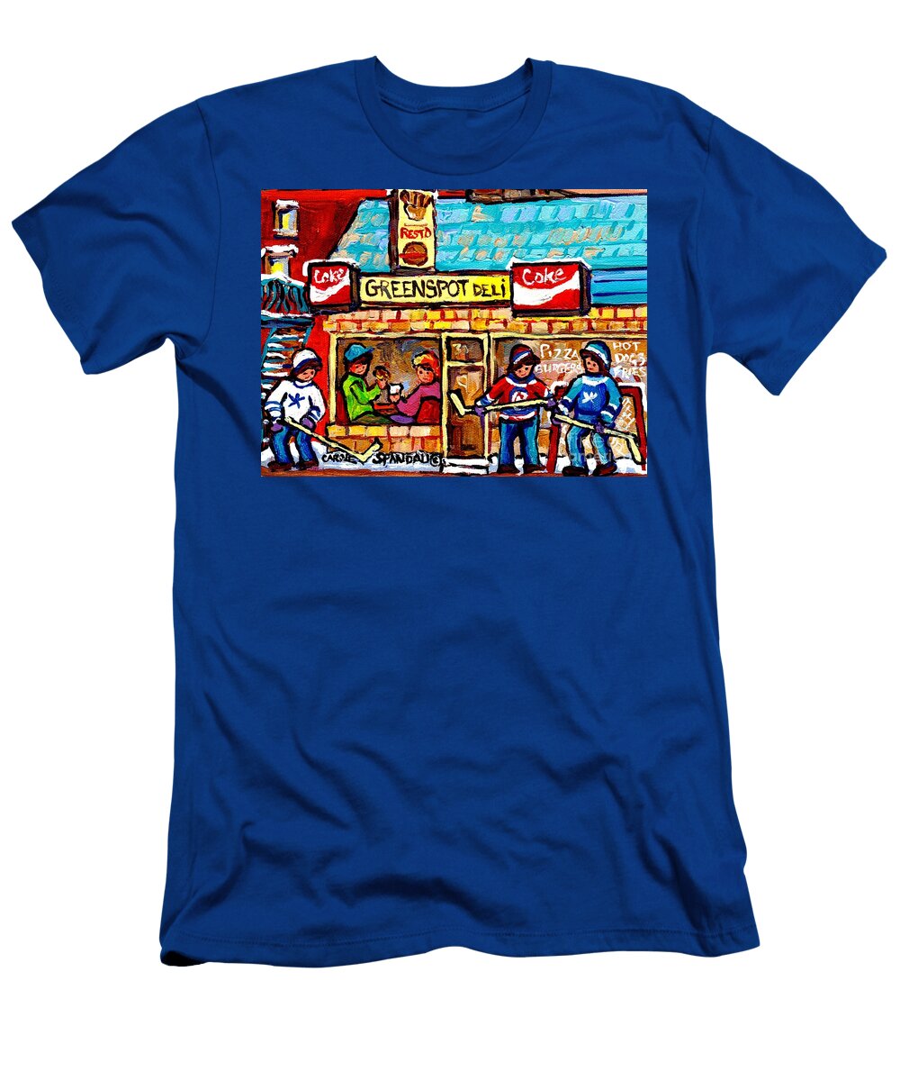 Lunch At Greenspot Deli Montreal Winter Street Hockey Game Scene Painting for Sale Carole Spandau Carole Spandau T-Shirt