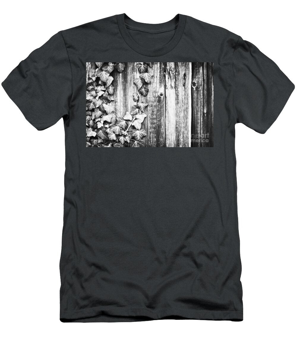 Macro Ivy Leaves on Rustic Wood Planks Texture Organic Pattern Black and White Dmr Filho T-Shirt