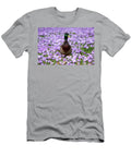 Mallard Duck in Field of Flowering Purple Crocuses Angelica Linnhoff T-Shirt
