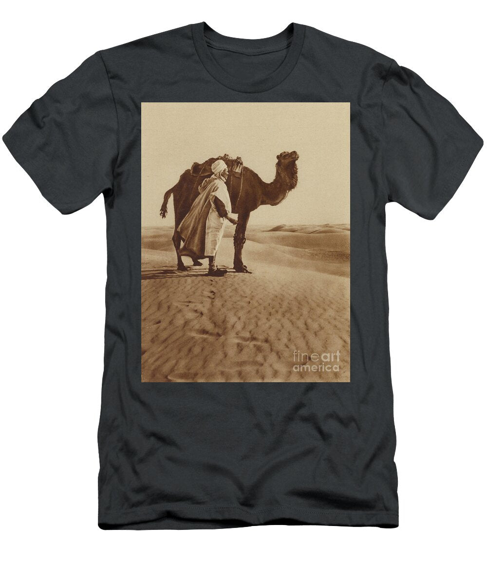 Man and a Camel in a Desert Black and White Photo English Photographer T-Shirt
