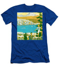 Man and Woman Hiking with View of Lake City and Mountain Csa Images T-Shirt
