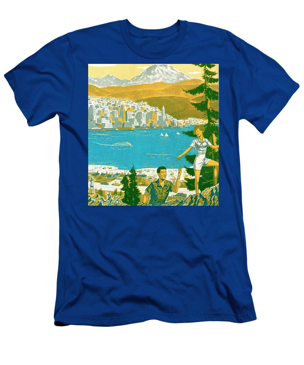 Man and Woman Hiking with View of Lake City and Mountain Csa Images T-Shirt