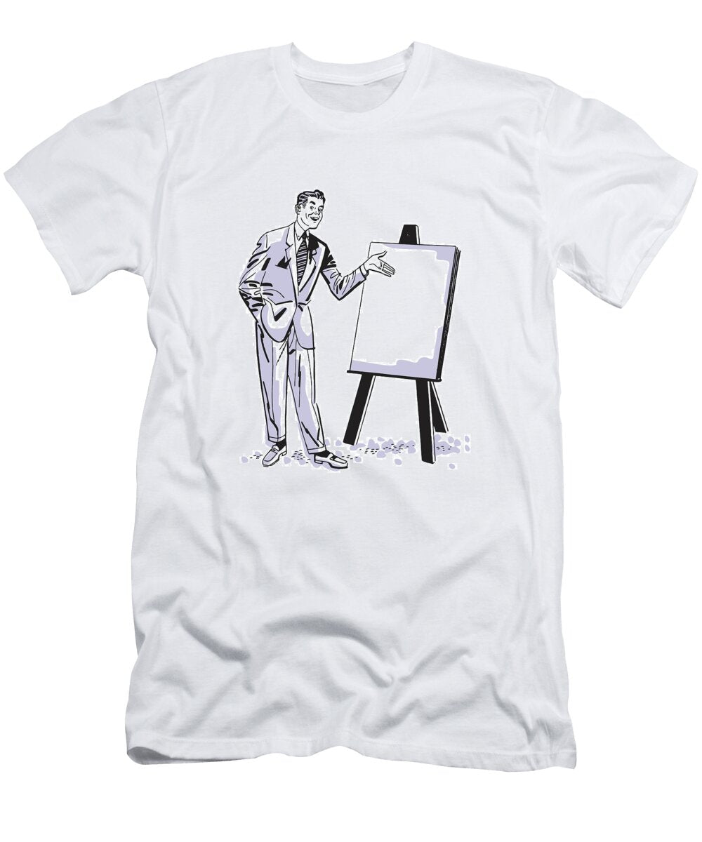 Man Giving Presentation and Pointing to Blank Paper on Easel Csa Images T-Shirt
