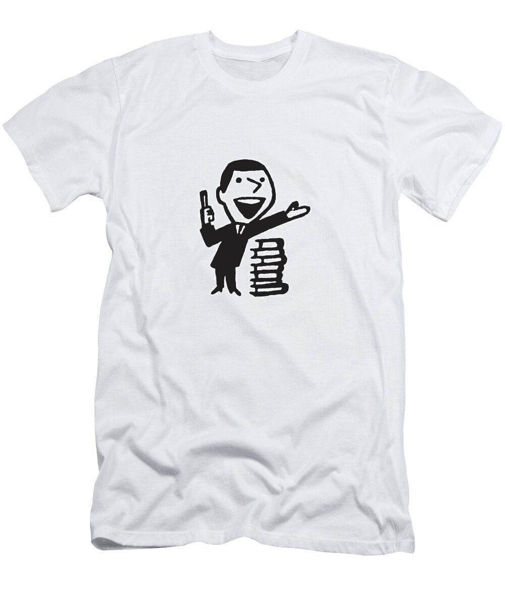 Man Next to Stack of Books Gesturing Csa Images T-Shirt
