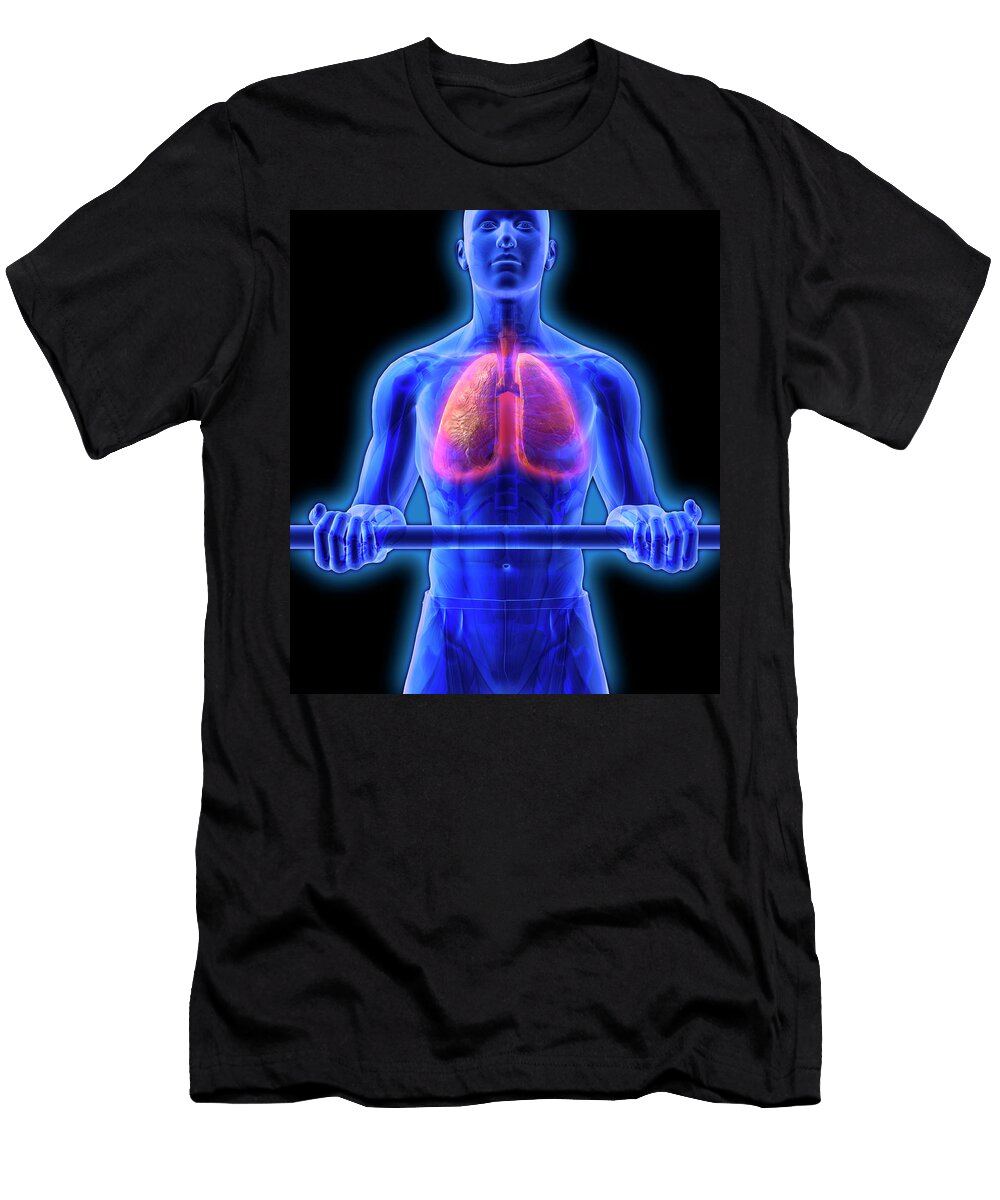 Man with Red Lungs Lifting Weights Ikon Ikon Images T-Shirt