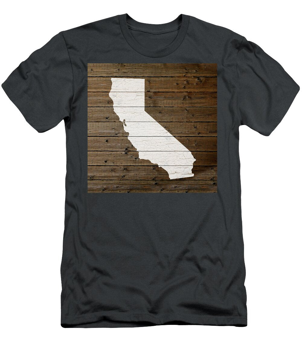 Map of California State Outline White Distressed Paint on Reclaimed Wood Planks Design Turnpike T-Shirt