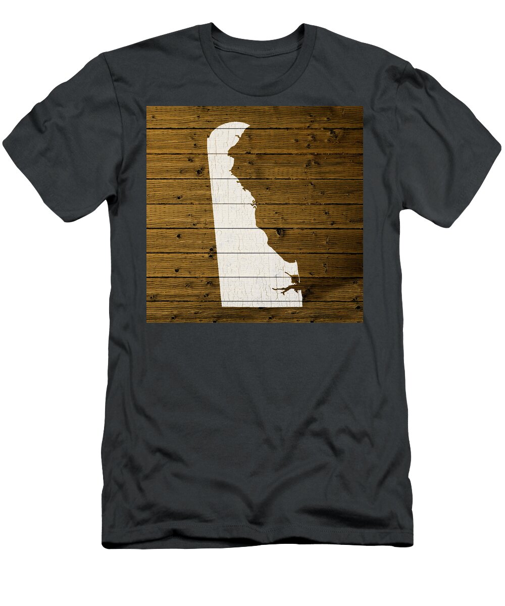 Map of Delaware State Outline White Distressed Paint on Reclaimed Wood Planks Design Turnpike T-Shirt