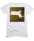 Map of Massachusetts State Outline White Distressed Paint on Reclaimed Wood Planks Brown Custom Design Turnpike T-Shirt