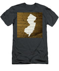 Map of New Jersey State Outline White Distressed Paint on Reclaimed Wood Planks Brown Custom Design Turnpike T-Shirt