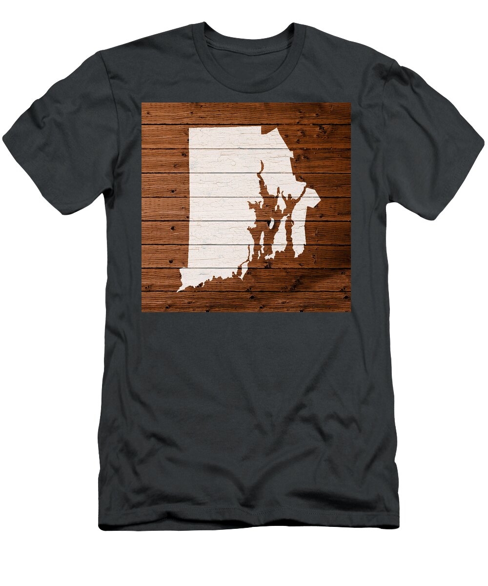 Map of Rhode Island State Outline White Distressed Paint on Reclaimed Wood Planks Design Turnpike T-Shirt
