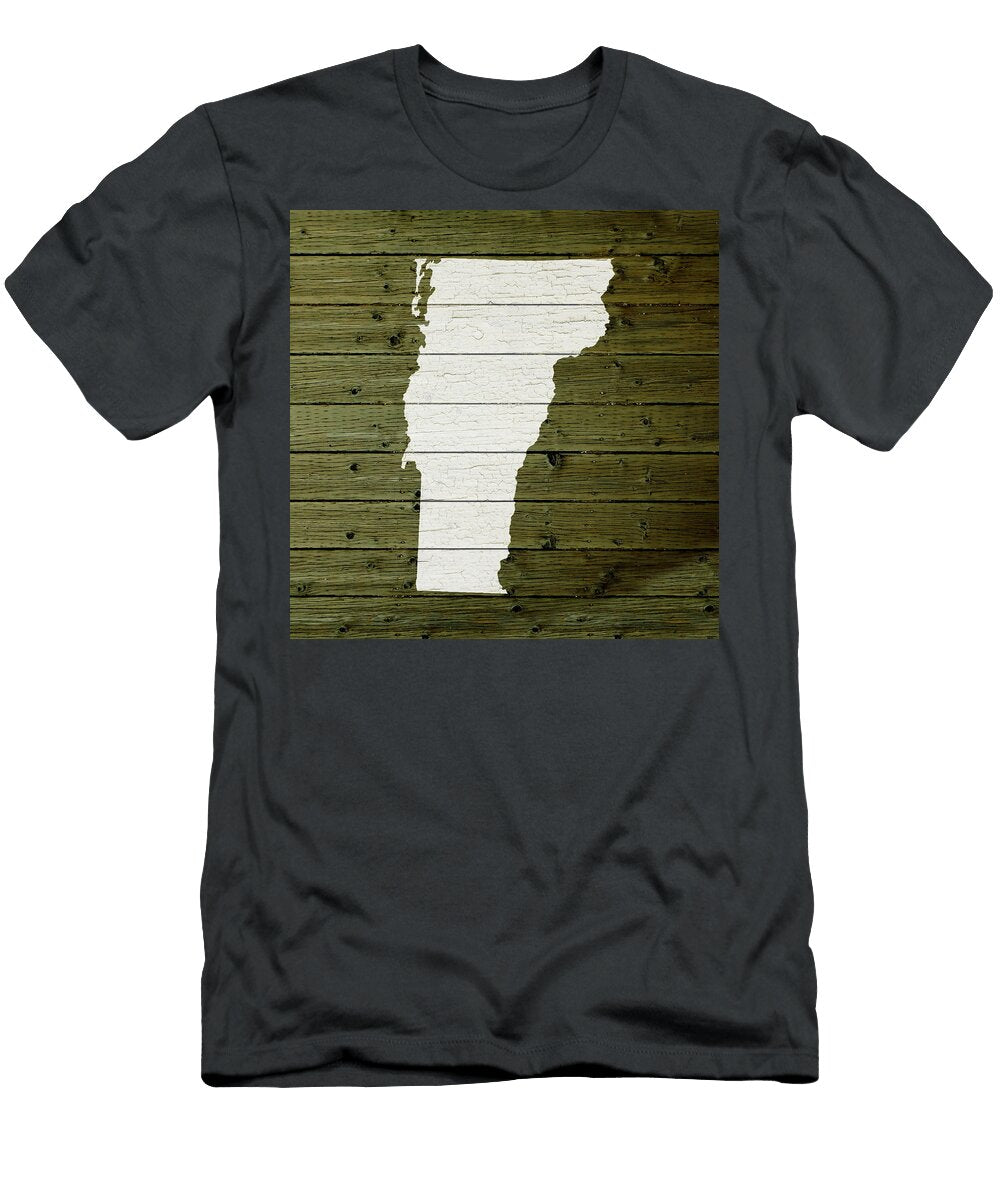 Map of Vermont State Outline White Distressed Paint on Reclaimed Wood Planks Design Turnpike T-Shirt