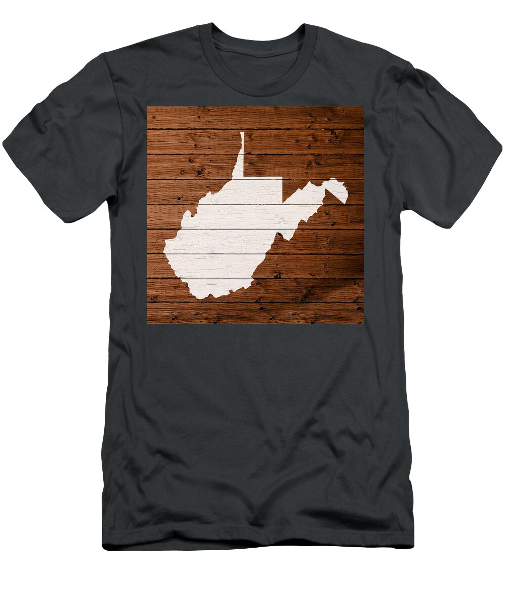 Map of West Virginia State Outline White Distressed Paint on Reclaimed Wood Planks Design Turnpike T-Shirt