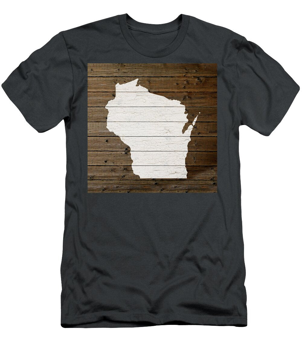 Map of Wisconsin State Outline White Distressed Paint on Reclaimed Wood Planks Design Turnpike T-Shirt