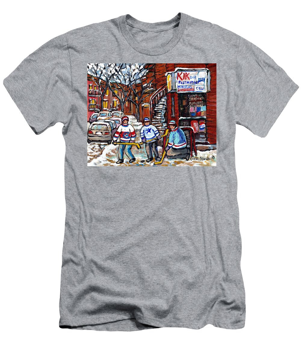 Marvens Restaurant Park Ex Winter in the City Montreal Art Street Hockey Painting for Sale C Spandau Carole Spandau T-Shirt