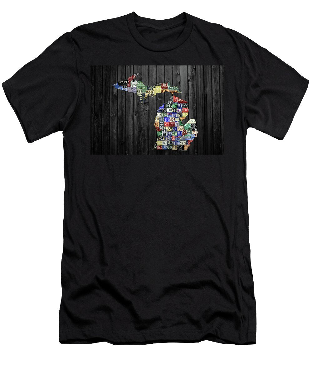 Michigan Counties License Plate Map Wide Version on Gray Wood Planks Design Turnpike T-Shirt