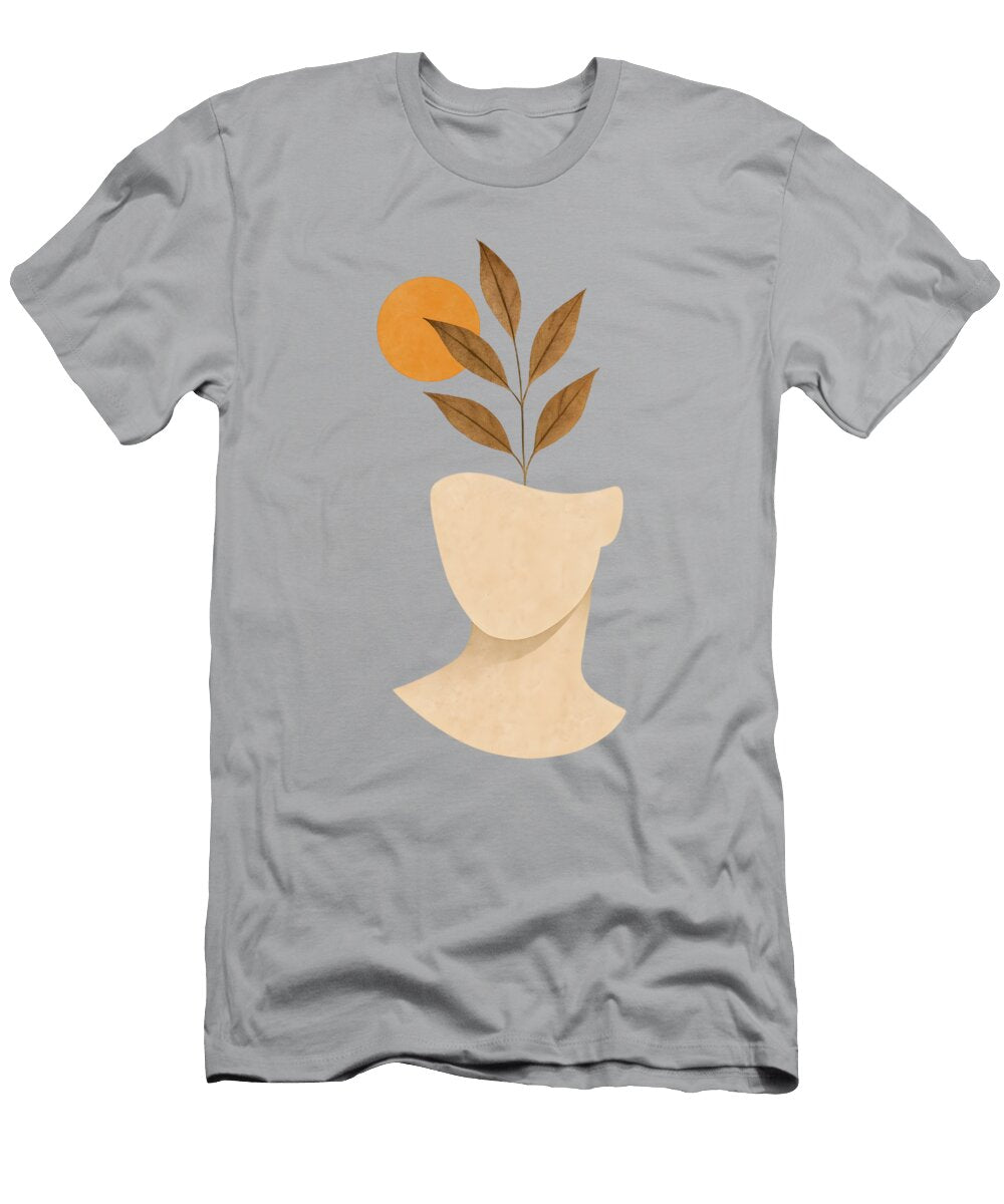 Minimalist Face with Plant Print Abstract Line Art with Orange Accent Modern Botanical Poster Mounir Khalfouf T-Shirt