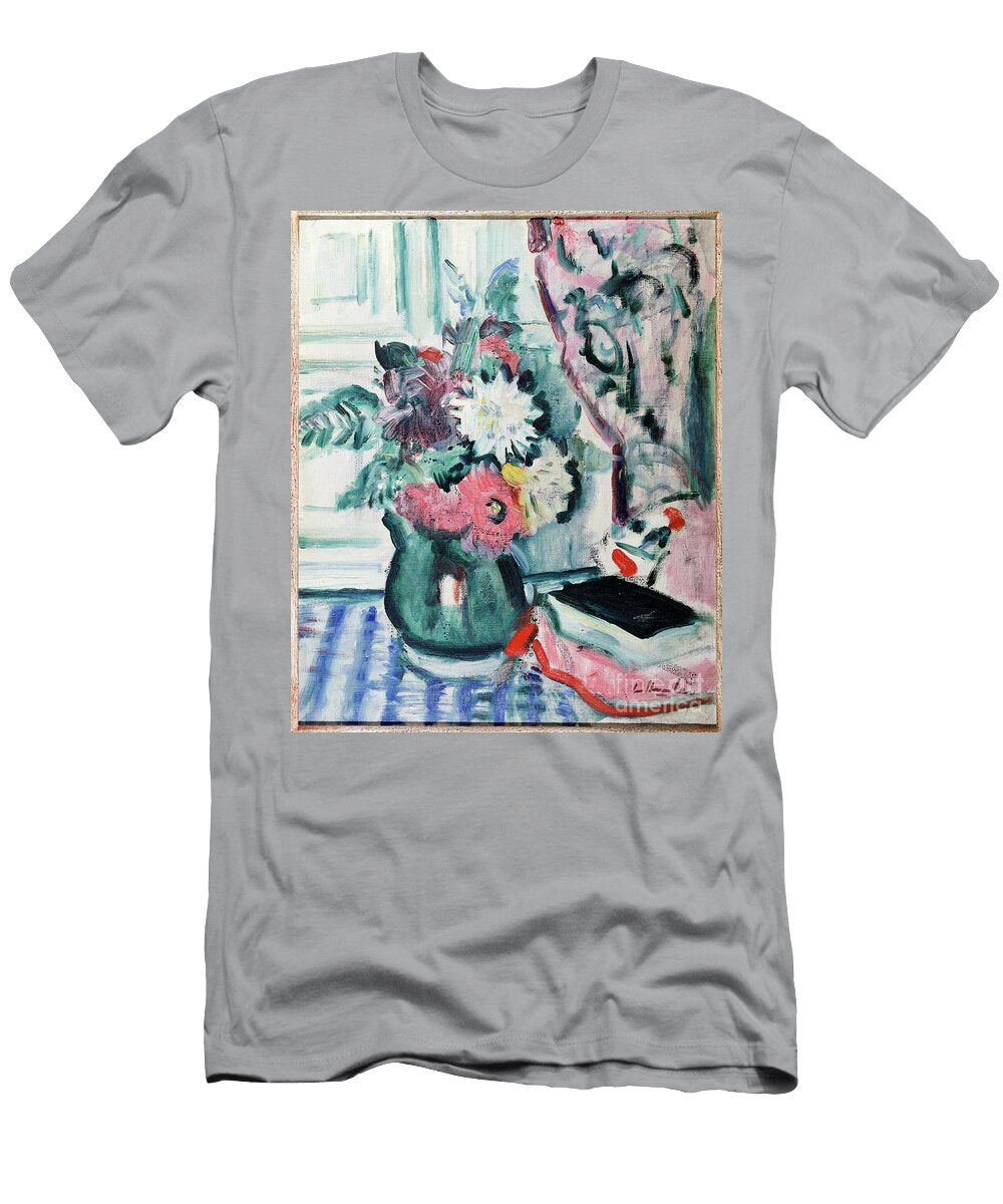 Mixed Dahlias in a Green Vase with a Book on a Chequered Tablecloth George Leslie Hunter T-Shirt