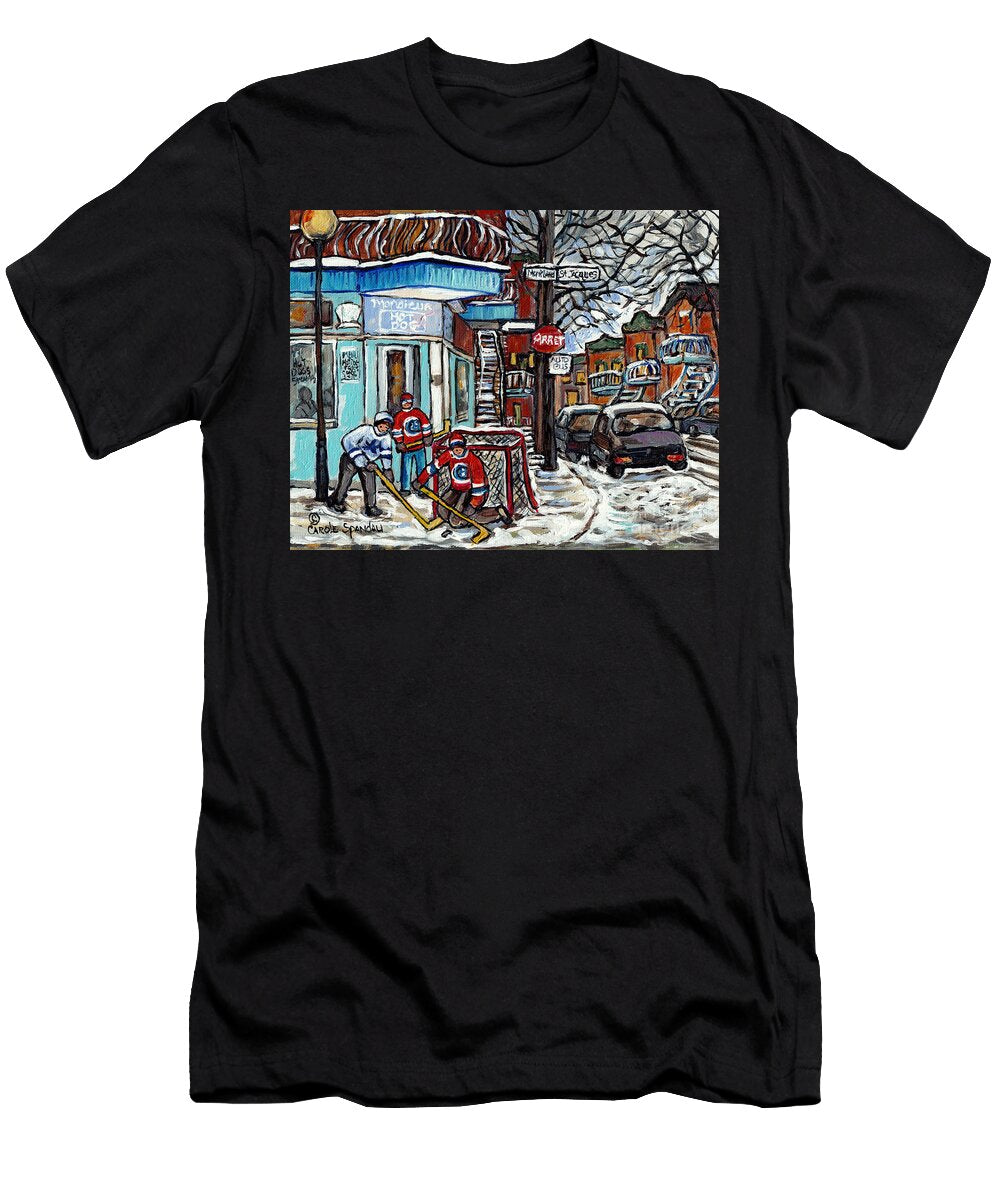 Monsieur Hot Dog Montreal Winter in the City Streetscene Hockey Art Paintings for Sale C Spandau Art Carole Spandau T-Shirt