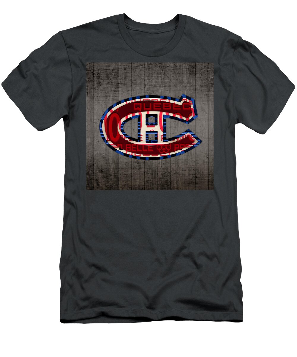 Montreal Canadiens Hockey Team Retro Logo Vintage Recycled Quebec Canada License Plate Art Design Turnpike T-Shirt