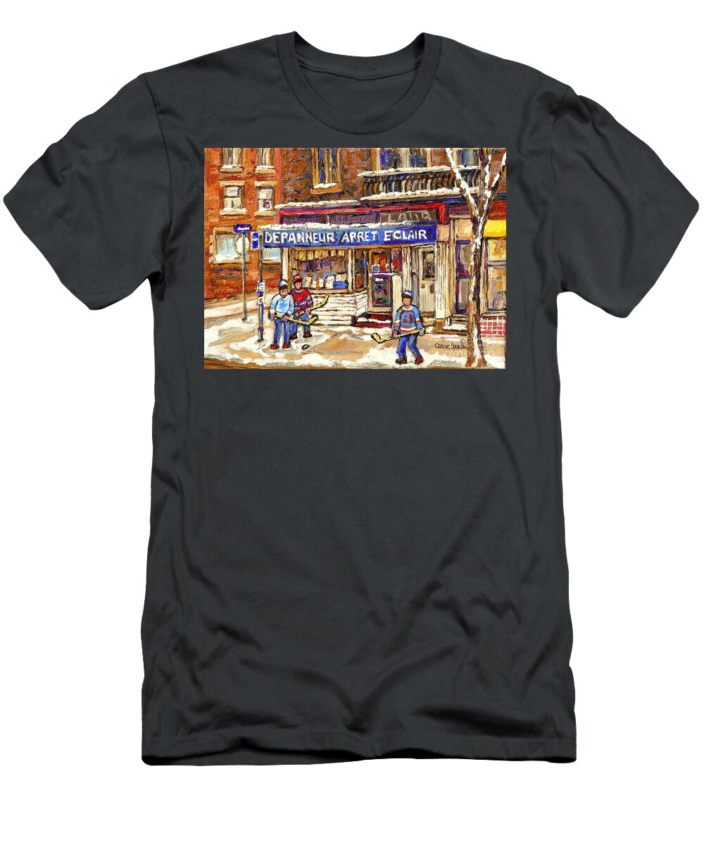 Montreal Corner Depanneur Arret Verdun Painting Street Hockey Art Scene Canadian Art Carole Spandau Carole Spandau T-Shirt