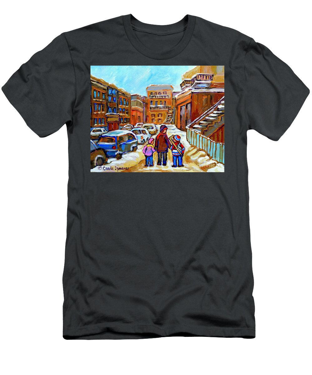 Montreal Paintings Winter Walk Past the Old School Snowy Day City Scene Carole Spandau Carole Spandau T-Shirt