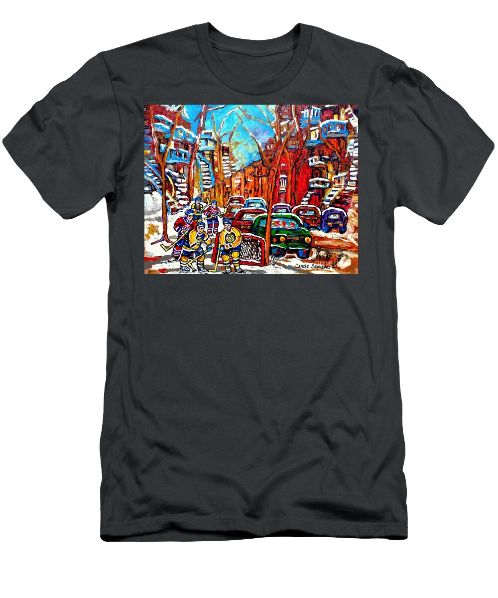 Montreal Street Hockey Painting Winding Staircases Winter Scene Canadian Art Montreal Memories Carole Spandau T-Shirt