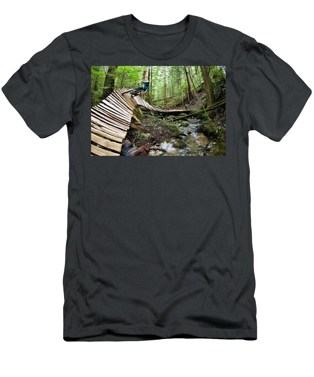 Mountain Biker Corners on Wooden Berm Dan Barham T-Shirt