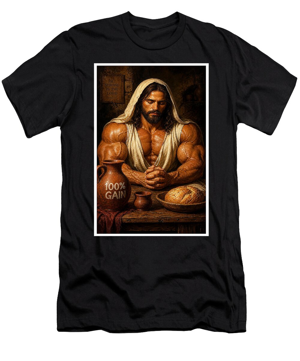 Muscular Figure Breaking Bread Jesus 100 Percent Gain Wall Art Christian Fitness Poster Amanda Hyde T-Shirt