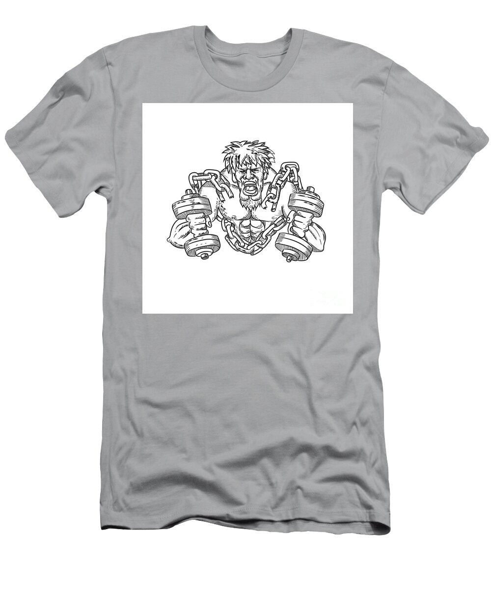 Muscular Male with Dumbbells Breaking Free From Chains Drawing Aloysius Patrimonio T-Shirt