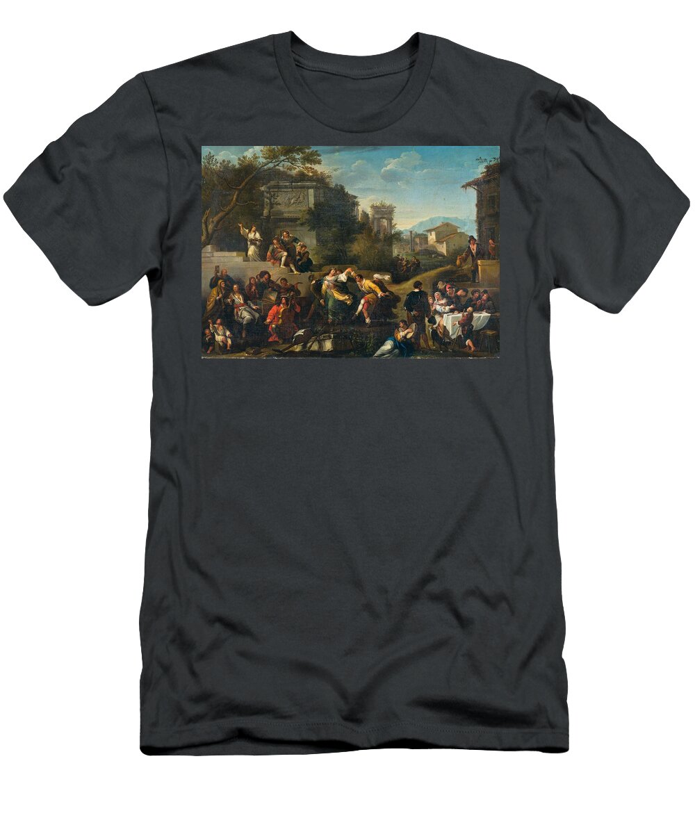Musicians and Dancing Figures in an Ideal Landscape with Ruins and Buildings Beyond Circa Art Bamboccianti School Italian Th Century T-Shirt