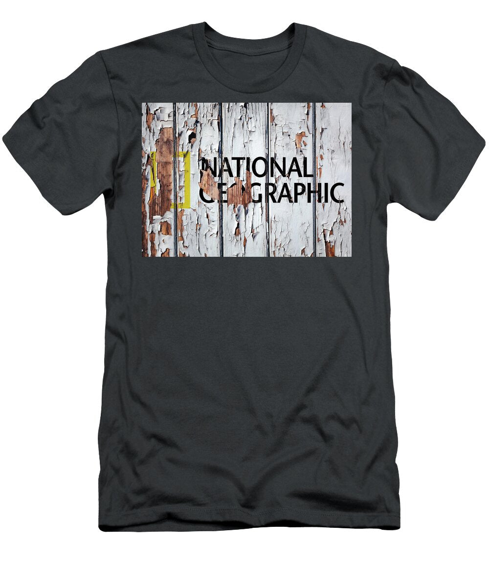 National Geographic Brand Logo Peeling Paint on Wood Wall Design Turnpike T-Shirt