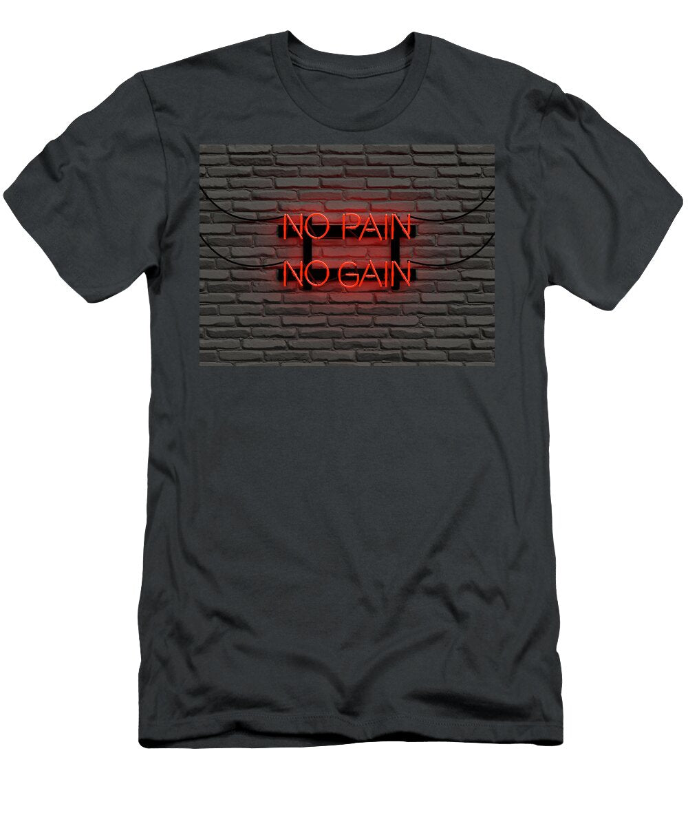 Neon Sign with No Pain No Gain Motivation Phrase Blowing in Red in a White Brick Wall Pixelme Photography T-Shirt