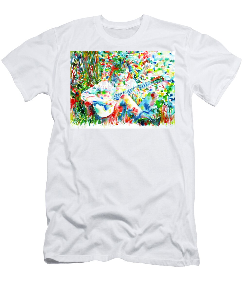 Nick Drake Playing the Guitar Under a Tree Watercolor Portrait Fabrizio Cassetta T-Shirt